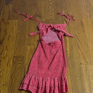 Red Smocked Mini Dress – Ruffle Hem – Tie Straps – Cutout/tie front